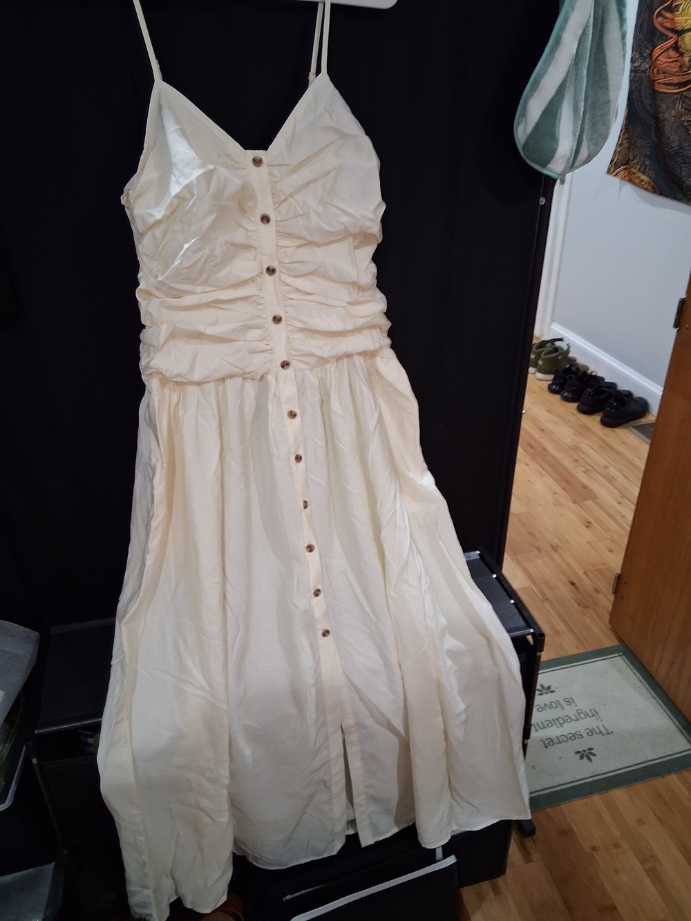 Cream Ruched Bodice Button-Front Maxi Dress